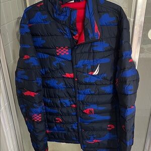 Nautica Men's Navy Blue & Red Puffer Jacket - Lightweight Quilted Coat Size L
